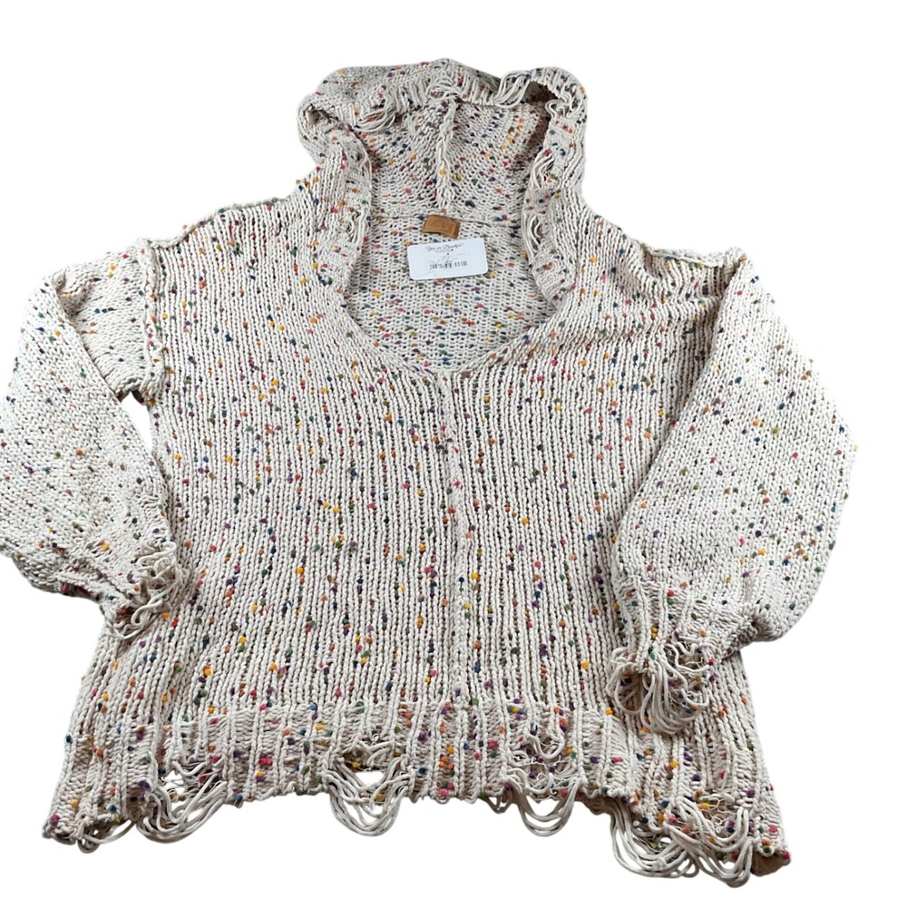 POLT Warm Thoughts Cream Multi Color Speckled Hooded Distressed Sweater Large